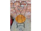 Vtg Black Wrought Iron Ice Cream Parlor Chair Heart Back Solid Oak Seat #4