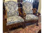 Beautifully Recovered Pair of Hand-carved Fireside Arm Chairs