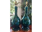 1960’s Pair of Hollywood Regency MCM Emerald Green & Blue Drip Glazed Lamps