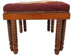 Antique English Oak Needlepoint Ottoman Foot Stool Bench Seat Bobbin Legs Vtg