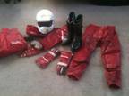 Motorcycle clothing: RED leather pants, off-road boots, gloves