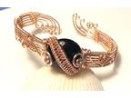 Copper Wire Woven Cuff Bracelet with a Round Black Onyx Cabochon