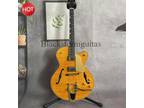 Handmade Yellow Hollow Body Electric Guitar Flame Maple Top Bigsby HPL Fretboard